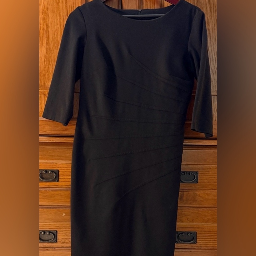 AB Studio Midi Sheath Dress Starburst Pleated 3/4 Sleeve Bodycon LBD Classic